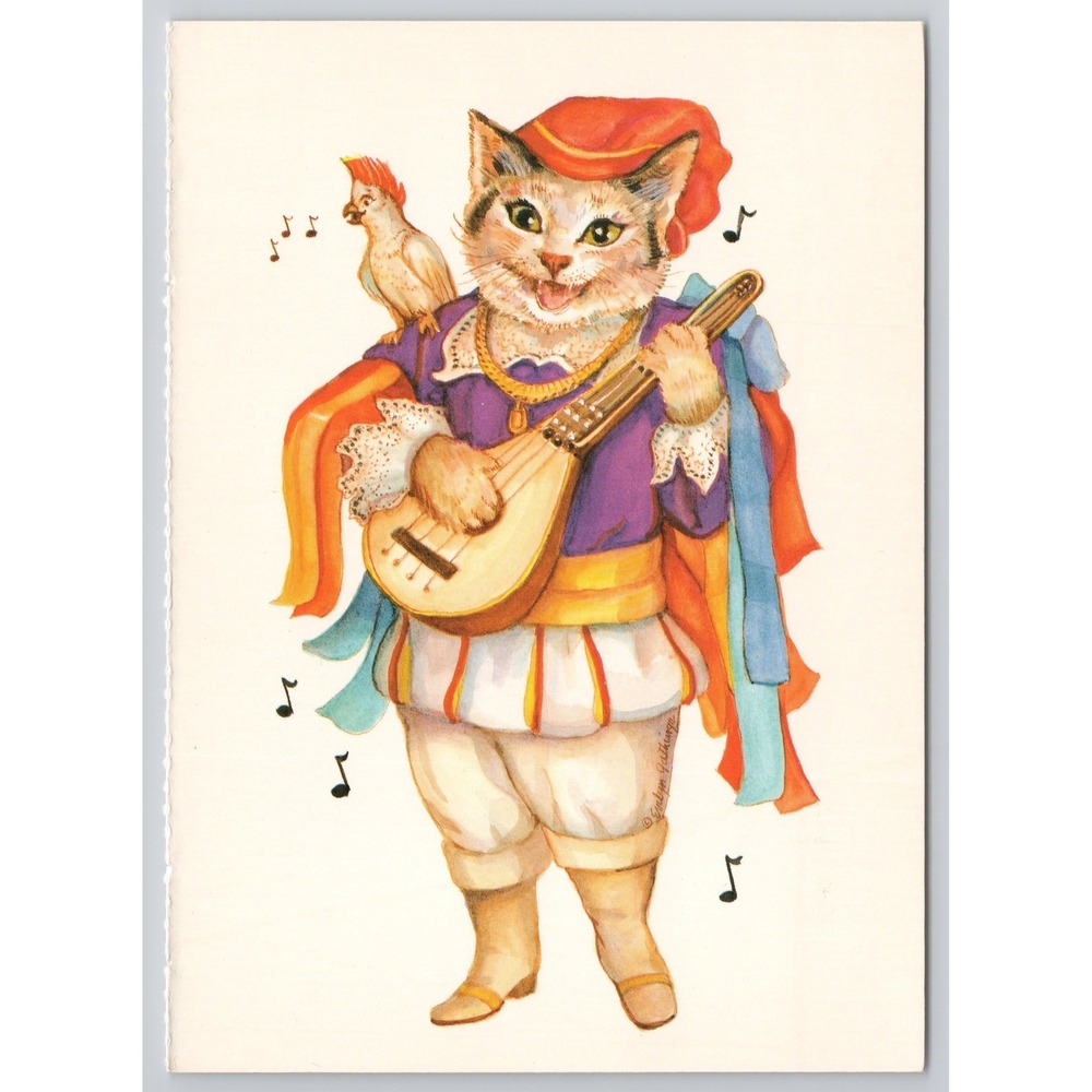 Evelyn‎ Gathings Musical Cat Postcard Vintage 1990 Bard Lute Parrot